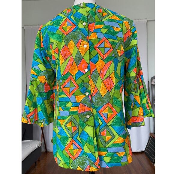 Joy Steven’s 60s Psychedelic Geometric Colorful Blouse Size S / M Bell Sleeve - Picture 3 of 11
